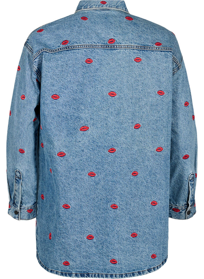 Løs denimskjorte med broderte lepper, Light Blue Kiss, Packshot image number 1