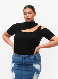 Kortermet bluse med utskåret parti, Black, Model