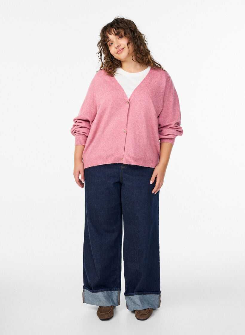 Strikkecardigan med ull og sløyfeknapper, Rosa, Model image number 1