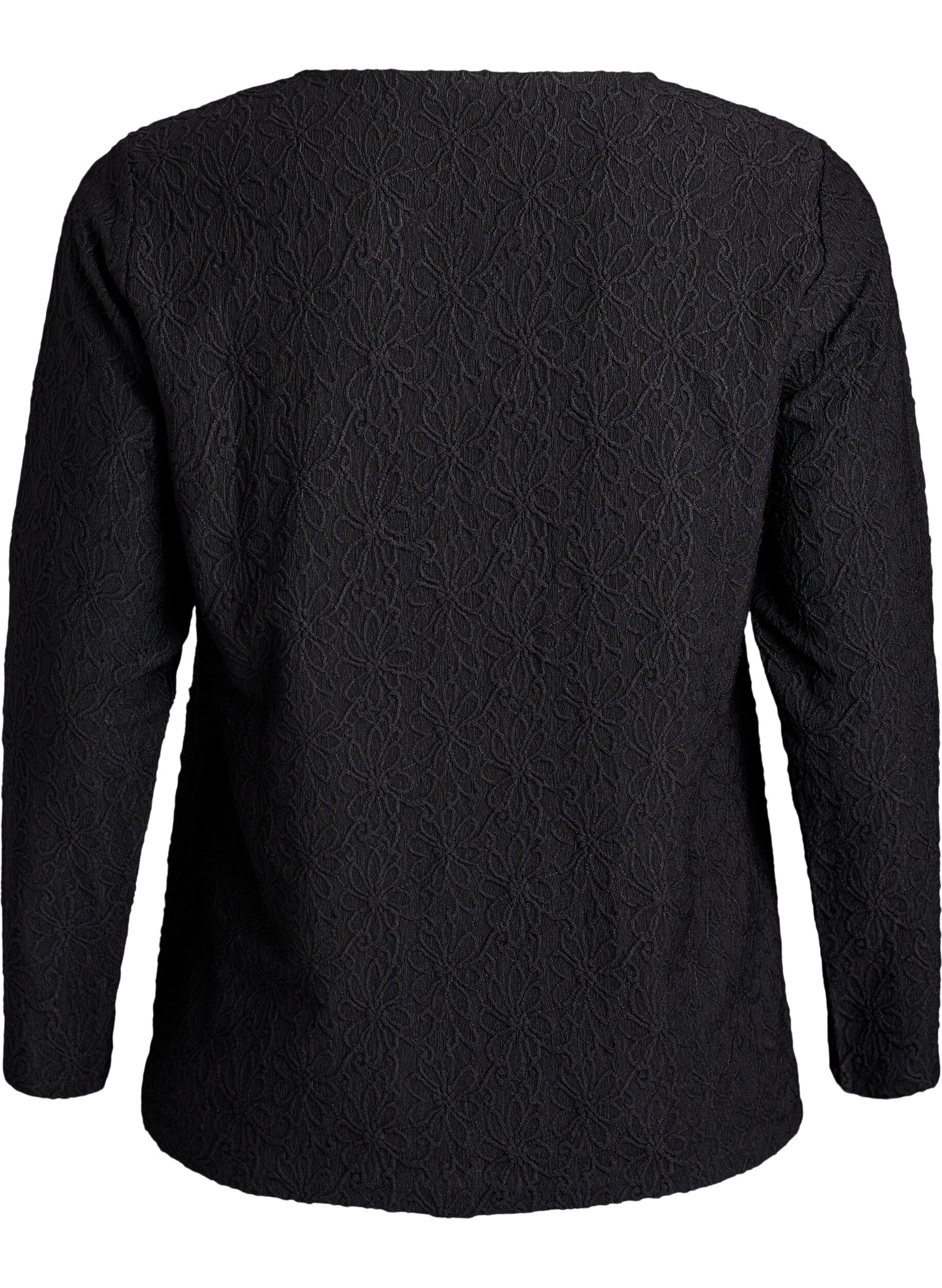 Zizzi Langermet bluse med blomstrete tekstur, Svart, Packshot image number 1