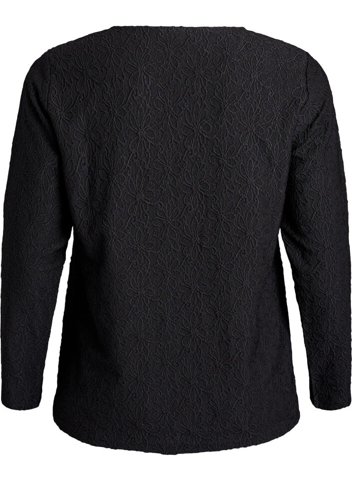 Langermet bluse med blomstrete tekstur, Svart, Packshot image number 1