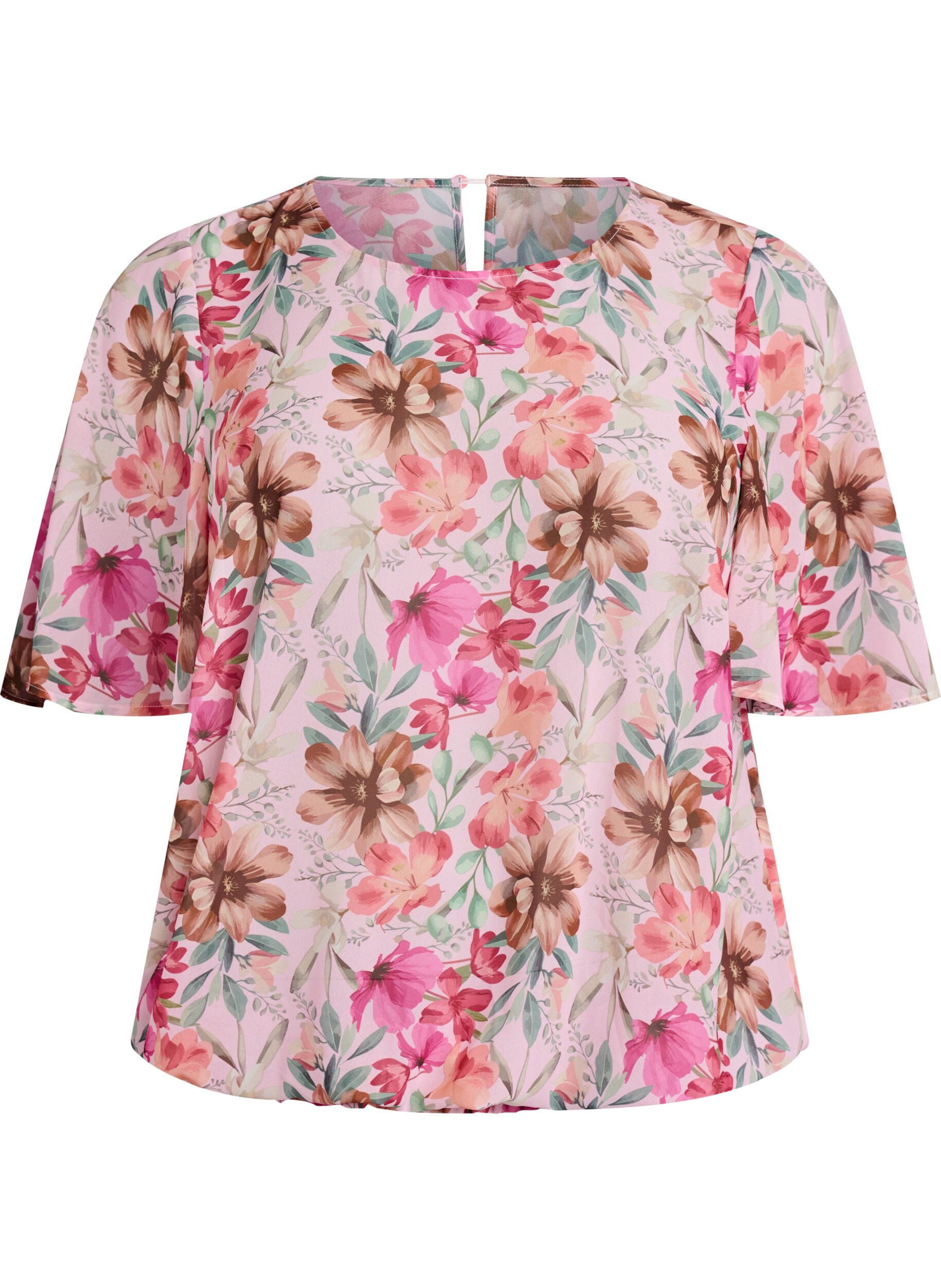 Zizzi Bluse med blomstertrykk, korte ermer og smocking, Rosa, Packshot image number 0