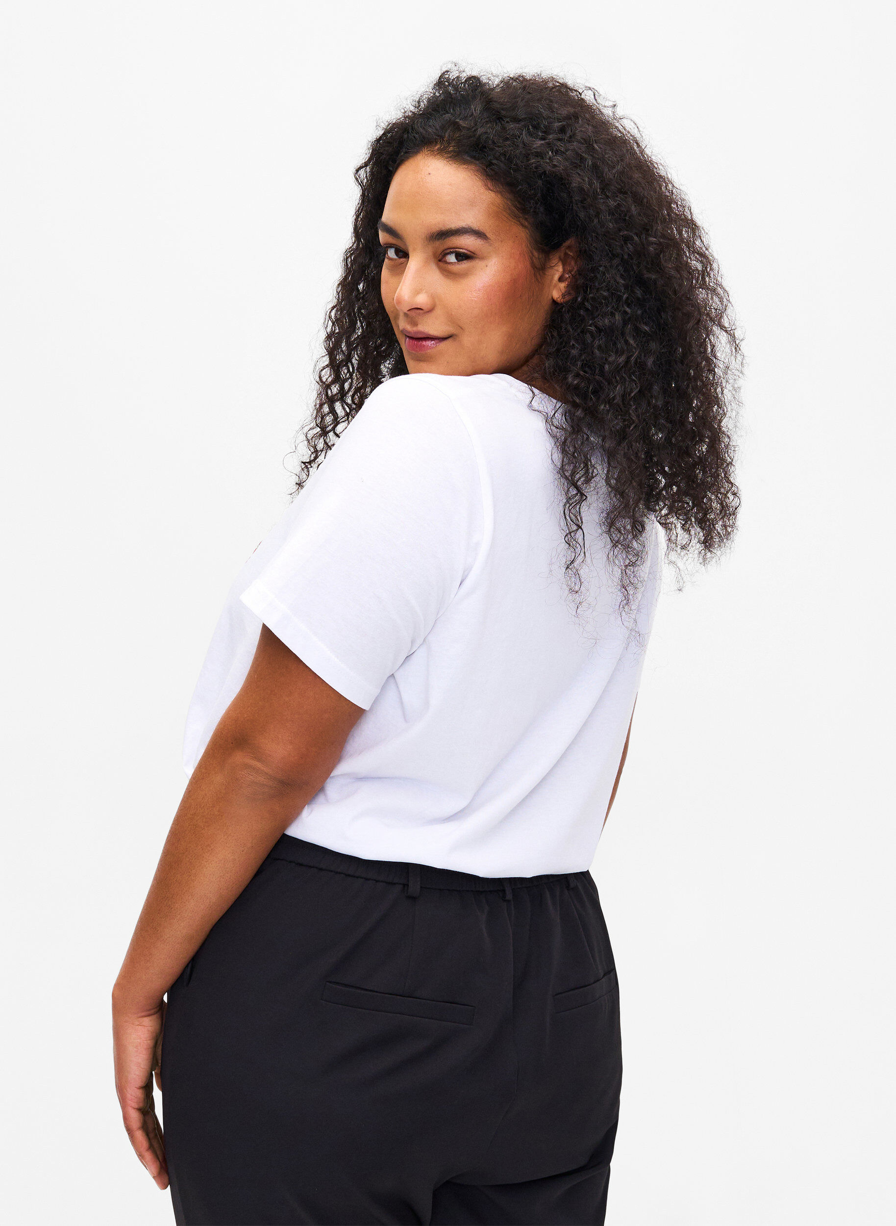 Zizzi T-skjorte i bomull med teksttrykk, B. White w. Flower, Model image number 1