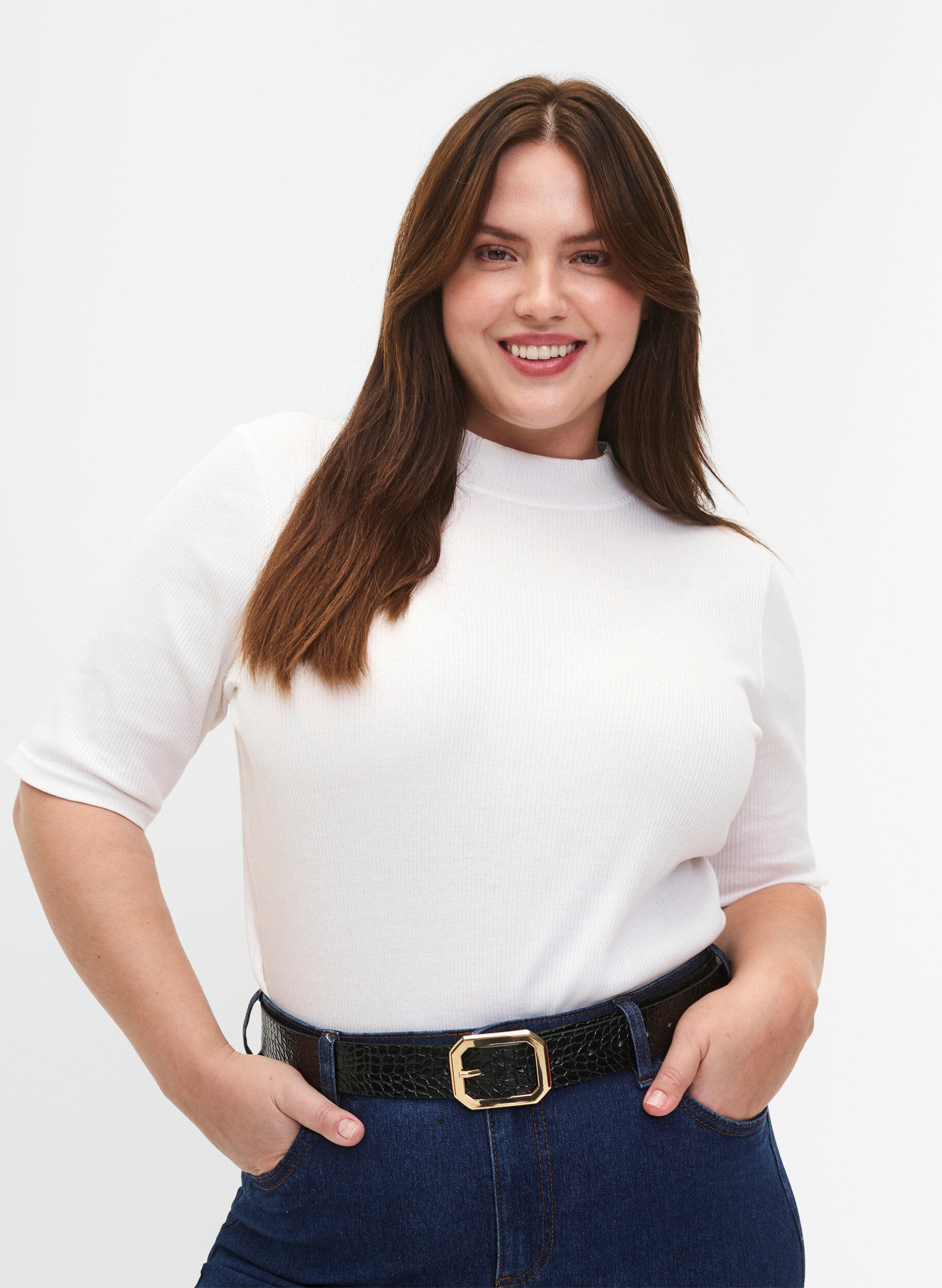 Zizzi Belte i imitert skinn med krokom&oslash;nster, Black w. Gold Buckle, Model image number 0