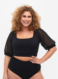 Bikinitopp med korte ermer av mesh , Black, Model