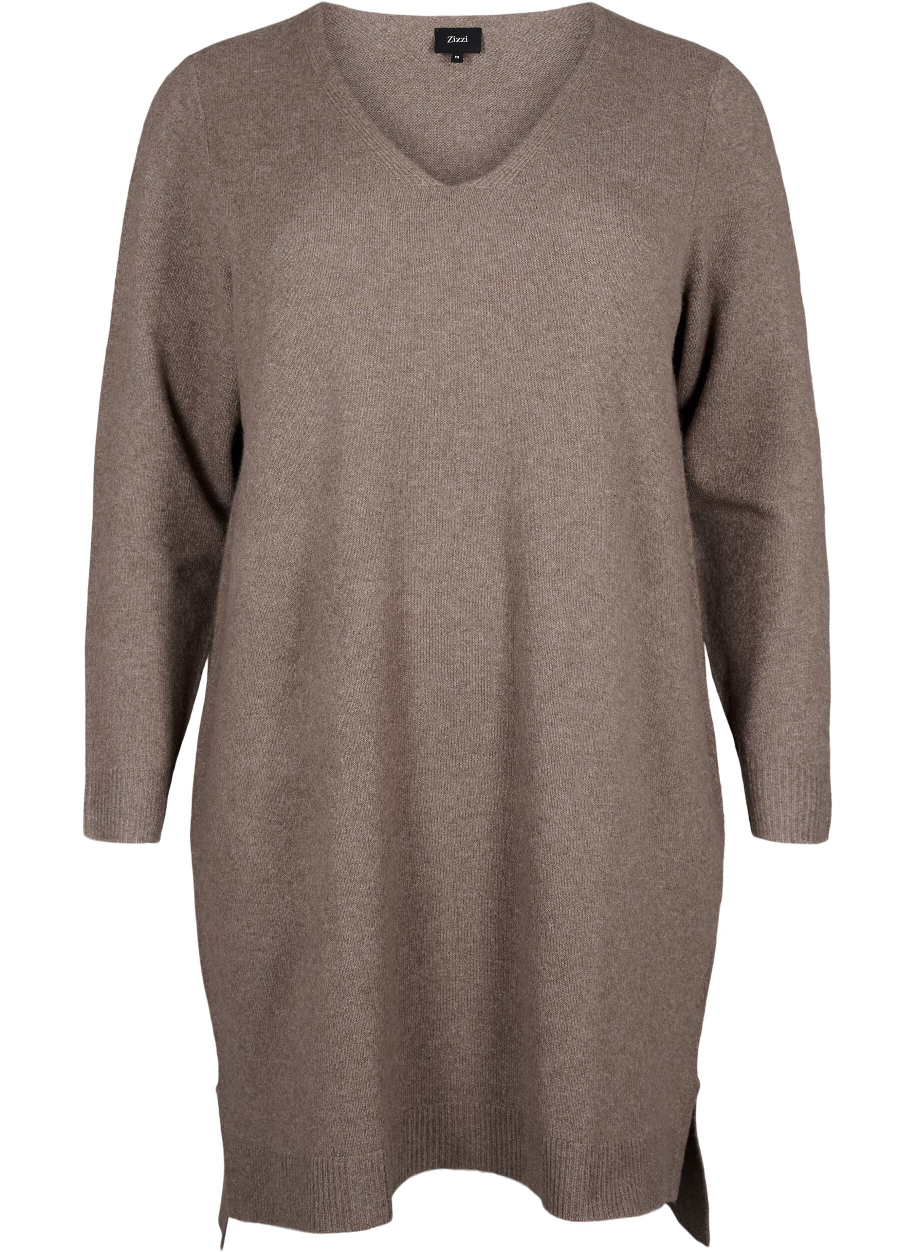 Zizzi Strikket kjole med splitt, Walnut/White, Packshot image number 0