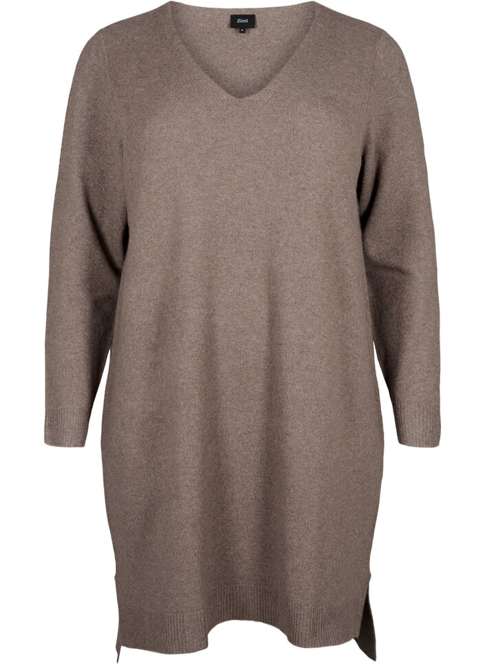Strikket kjole med splitt, Walnut/White, Packshot image number 0
