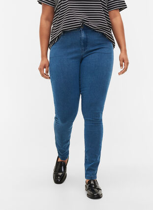 Super slim Amy jeans med høyt liv, Mid Blue, Model image number 2