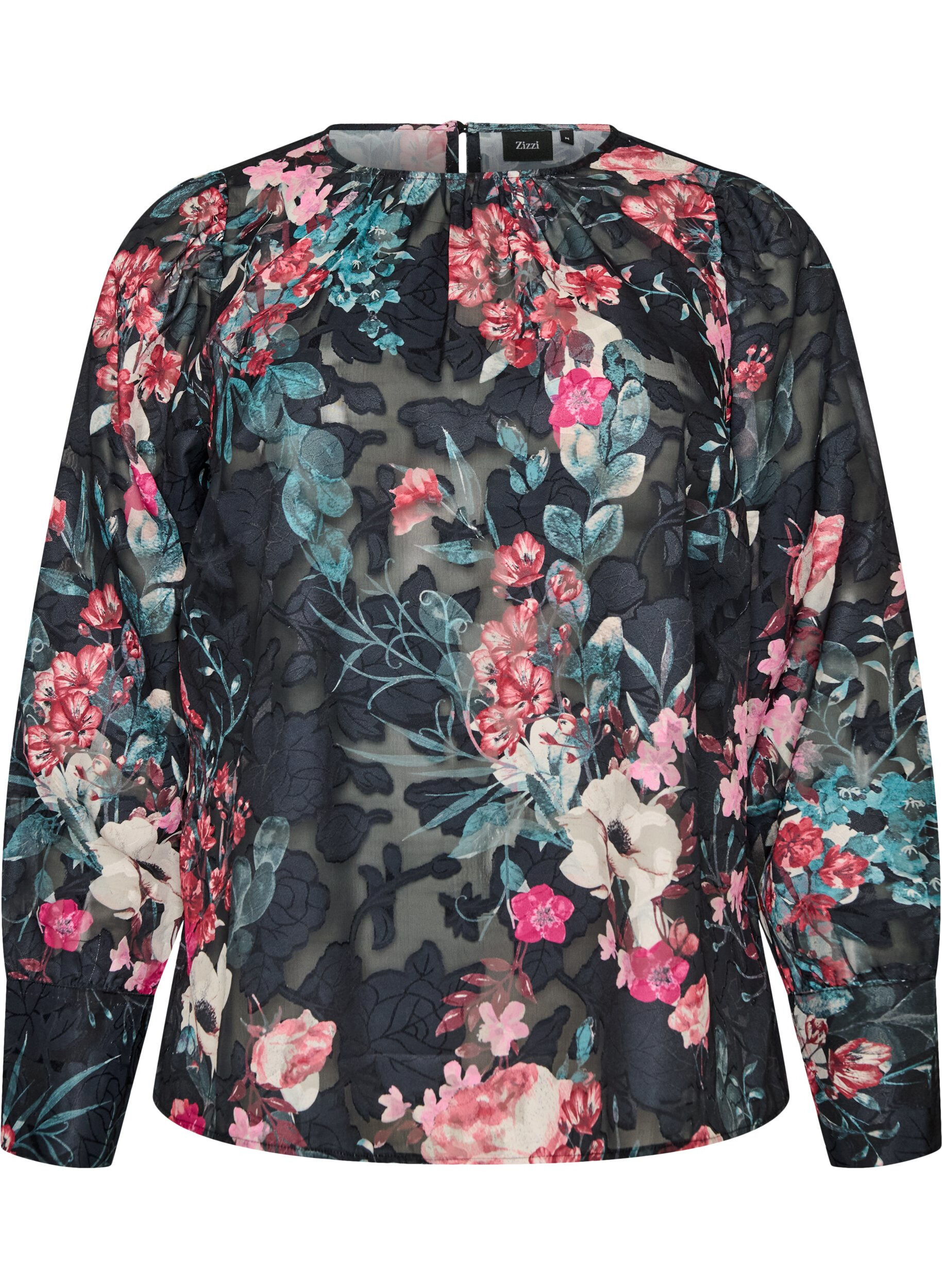Bluse med blomstertrykk og vevd tekstur