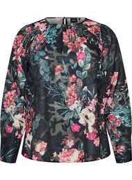 Bluse med blomstertrykk og vevd tekstur, Svart