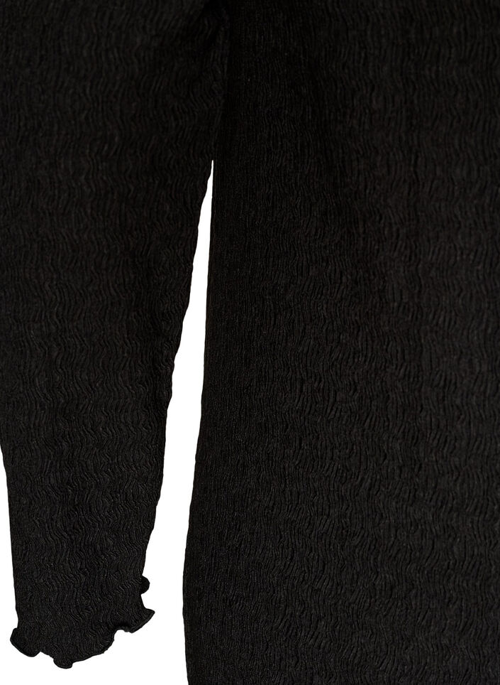 Midikjole med b&oslash;lget tekstur og lange ermer, Svart, Packshot image number 3