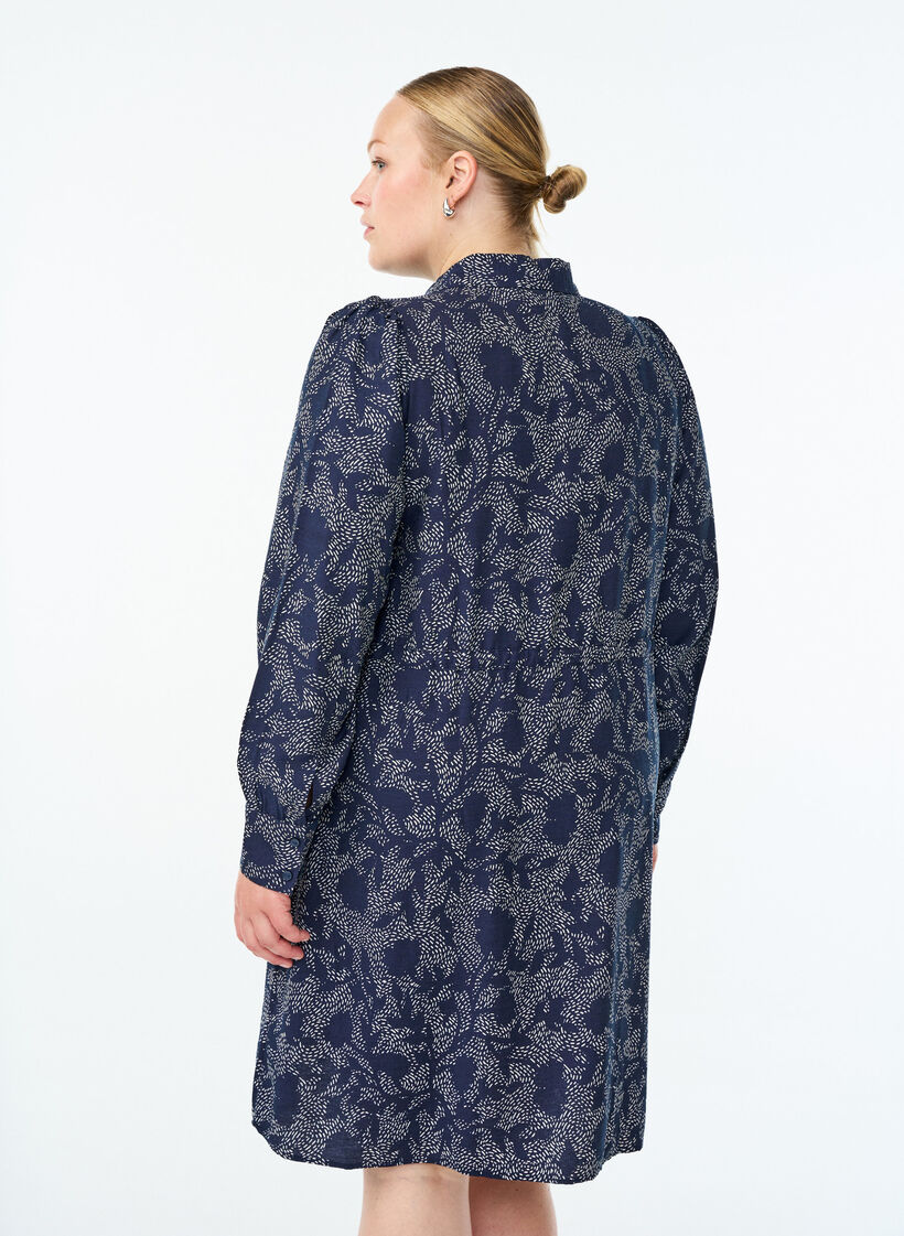 Skjortekjole med knytebelte og trykk, Blå, Model image number 2