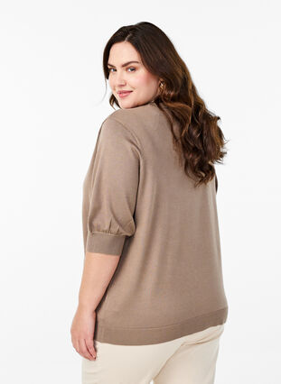 Zizzi Strikket bluse med korte ermer og små sløyfer, Beige, Model image number 2