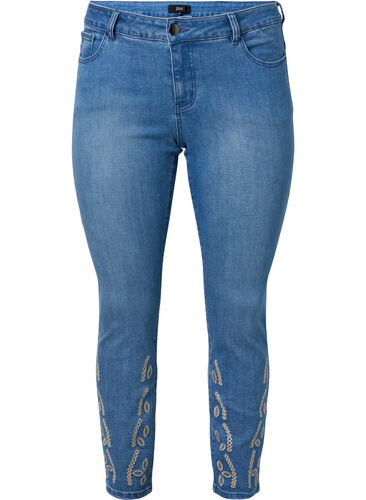 Cropped Emily jeans med broderi, Blue denim, Packshot image number 0