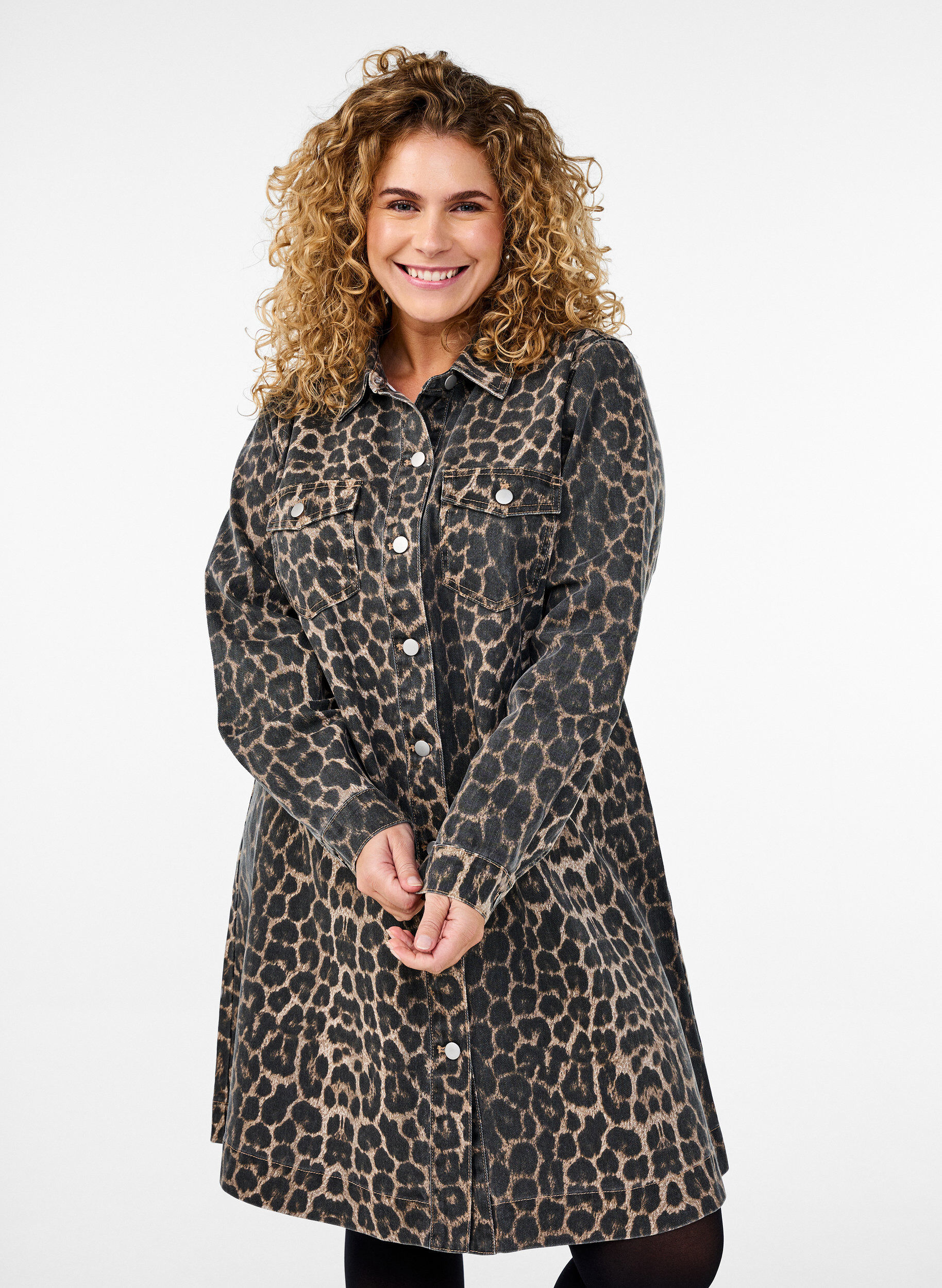 Zizzi Langermet denimkjole med sebratrykk, Brun, Model image number 0