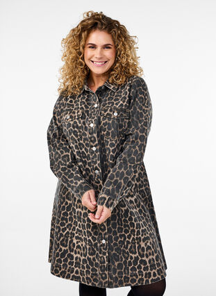 Zizzi Langermet denimkjole med sebratrykk, Brown Leo AOP, Model image number 0