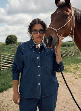Zizzi Denimskjorte med nagler, Dark Blue Denim, Image image number 0