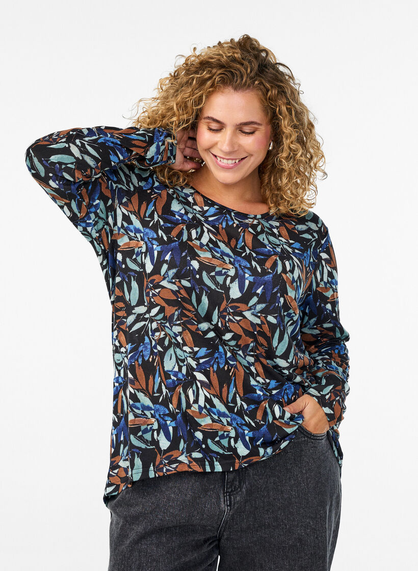 M&oslash;nstret bluse med lange ermer, Bl&aring;, Model image number 0