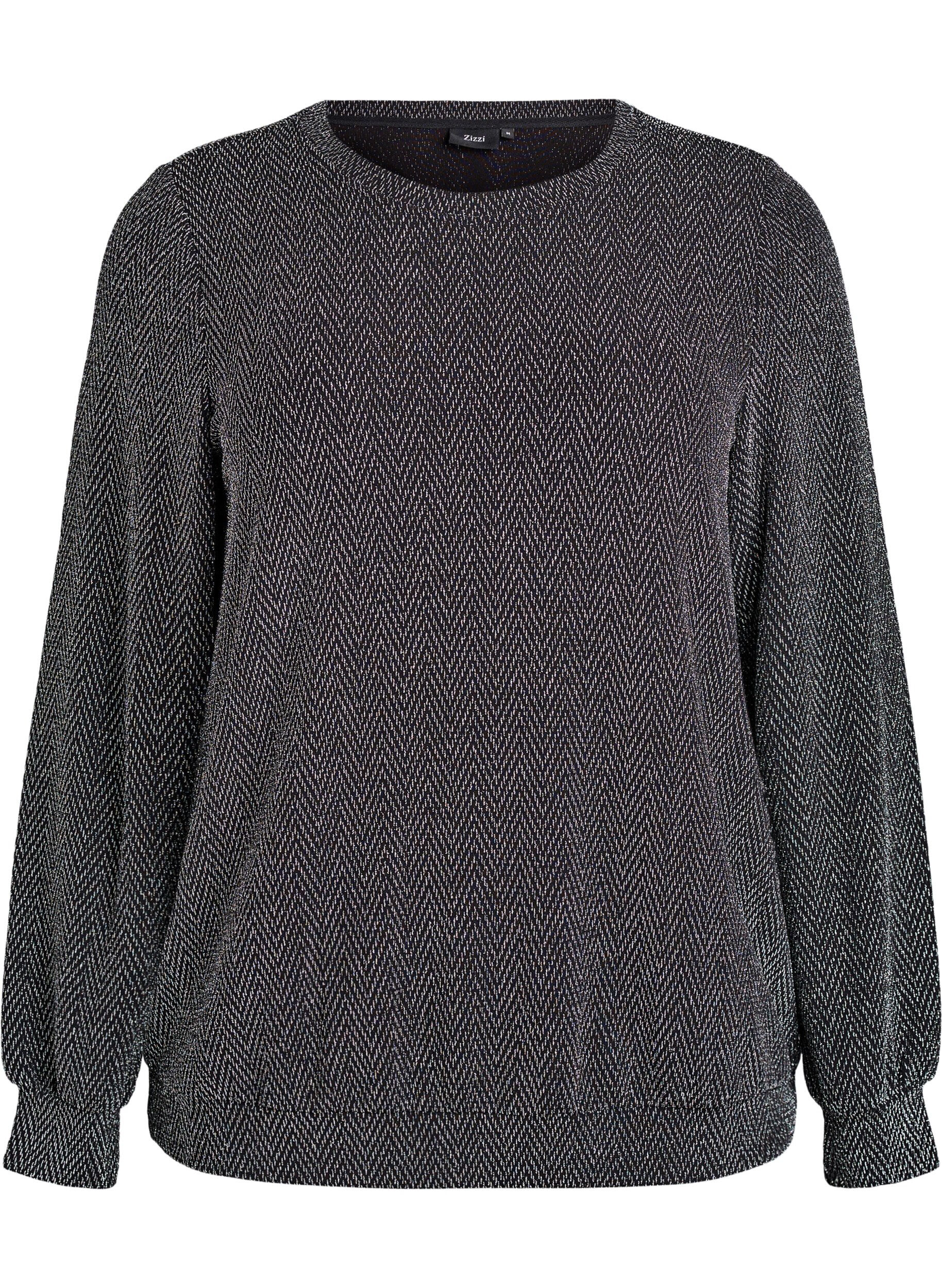 ZizziBluse med fiskebensm&oslash;nster og glittertr&aring;d, Svart, Packshot image number 0