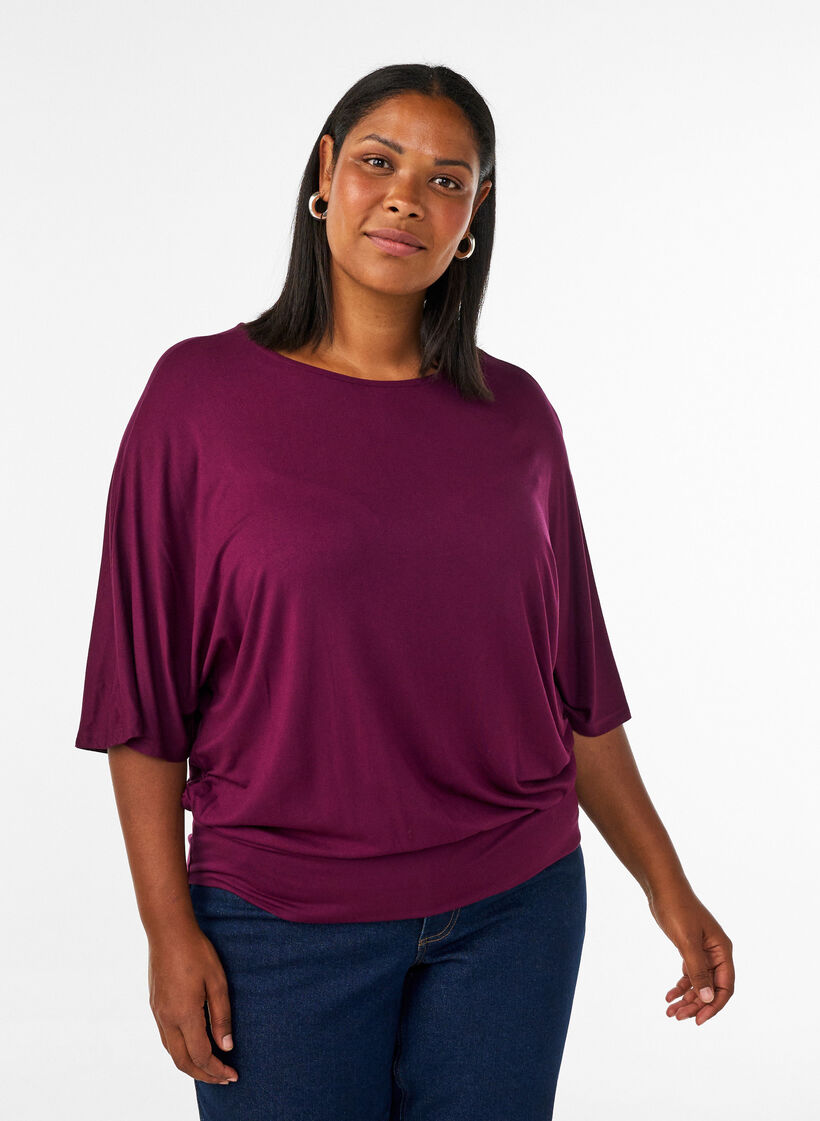 Jerseybluse med albuelange ballongermer, Lilla, Model image number 0