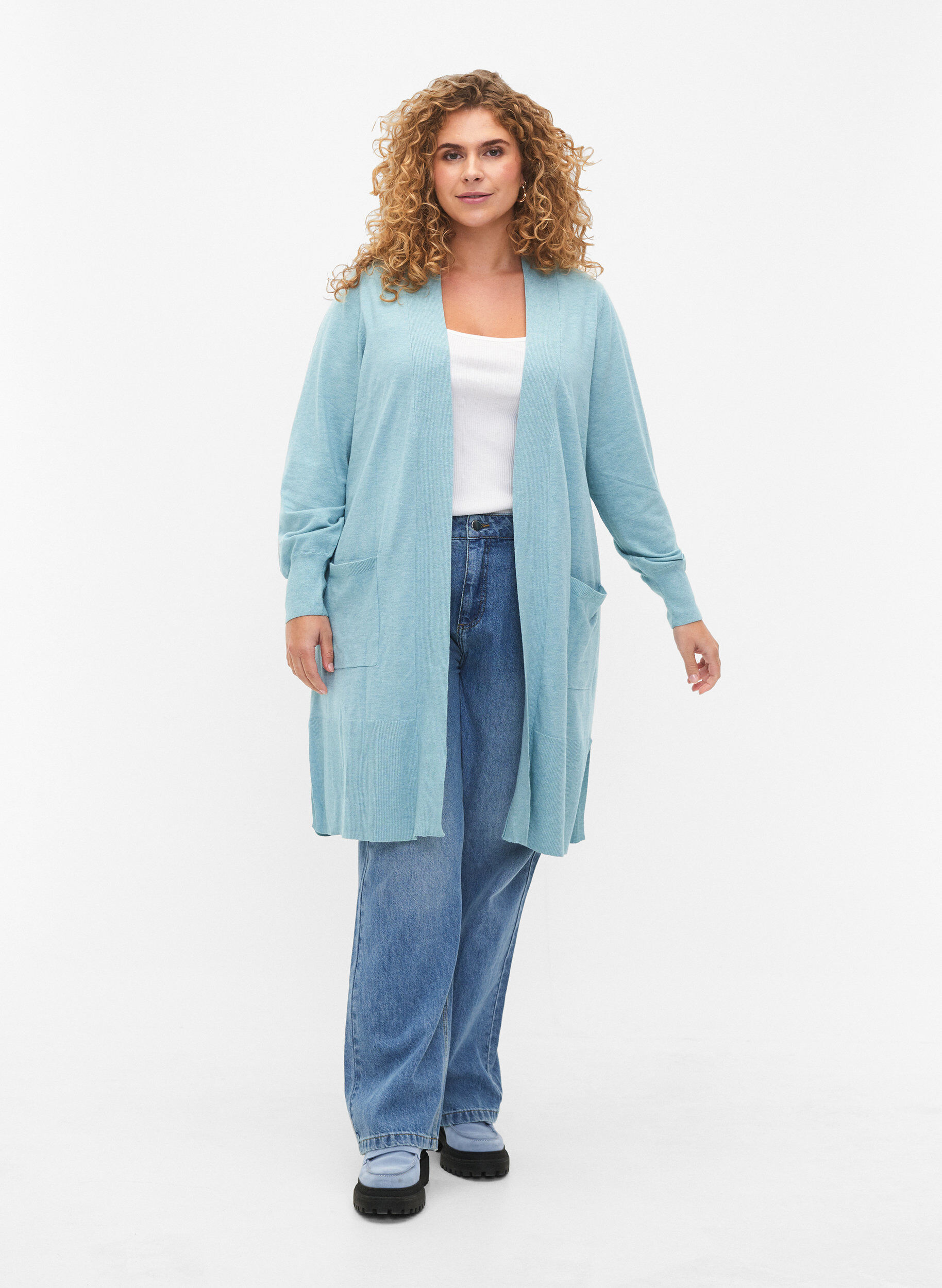 Zizzi Lang strikket cardigan med lommer, Reef Waters Mel., Model image number 2