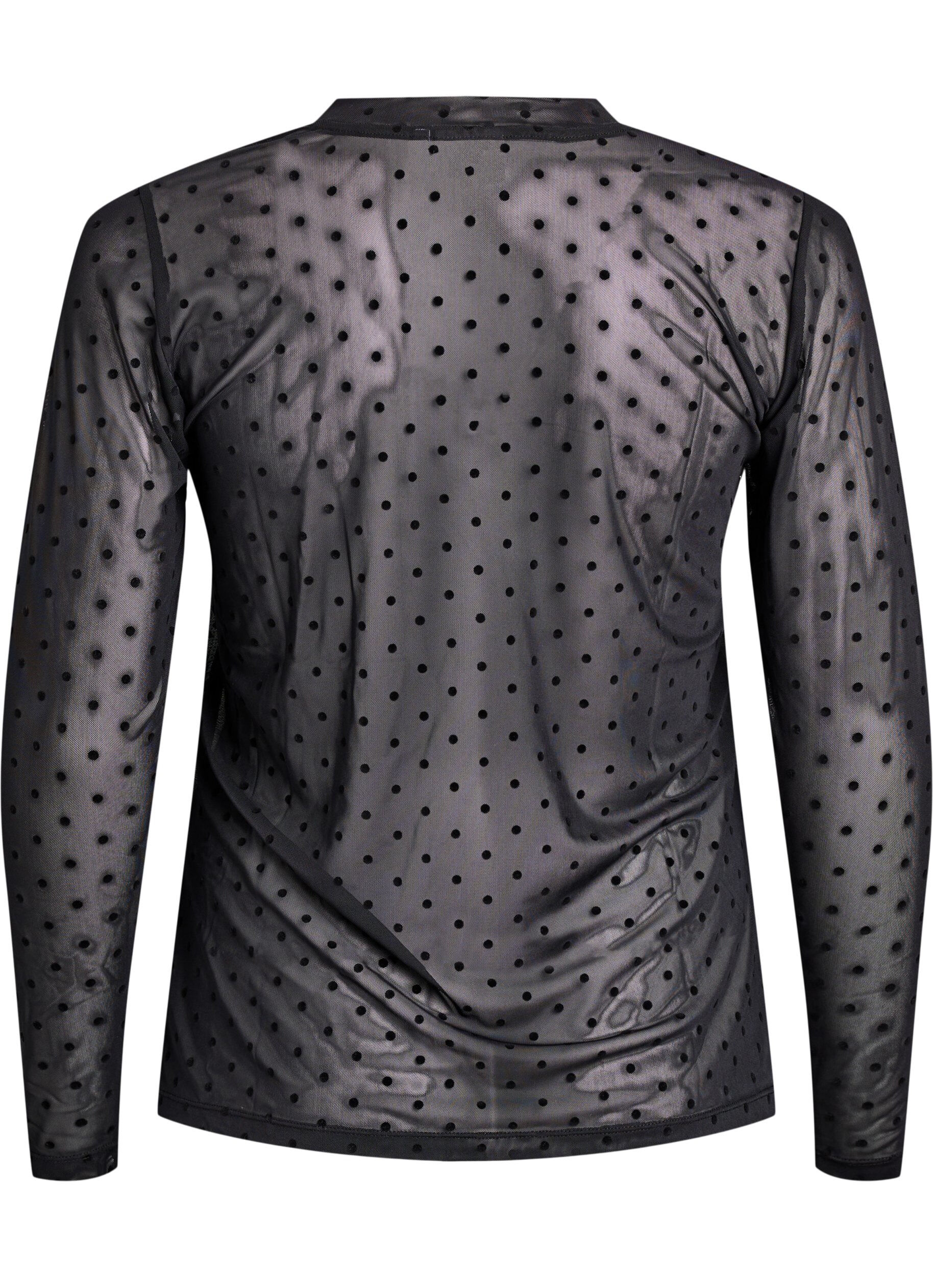 Zizzi Bluse med mesh og prikker, Svart, Packshot image number 1