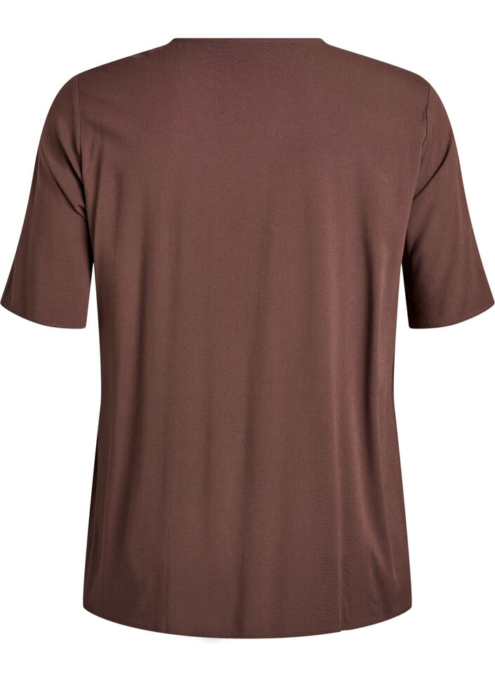 Vevet bluse med korte ermer og rund hals, Brun, Packshot image number 1