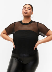 Nettingbluse med korte ermer, Black, Model