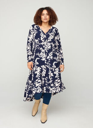 Printed viscose midi dress with A-line cut, Night Sky AOP, Model image number 2