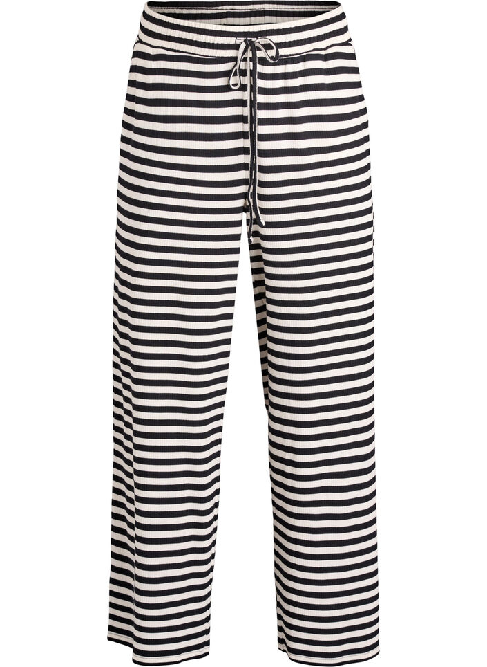 Stripete pyjamasbukser med h&oslash;y midje og vide ben, Svart, Packshot image number 0