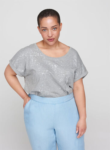 Kortermet T-skjorte med ton-i-ton mønster, Light Grey Melange, Model image number 0