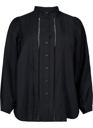 Skjortebluse i viskose med volangkrage, Black, Packshot image number 0