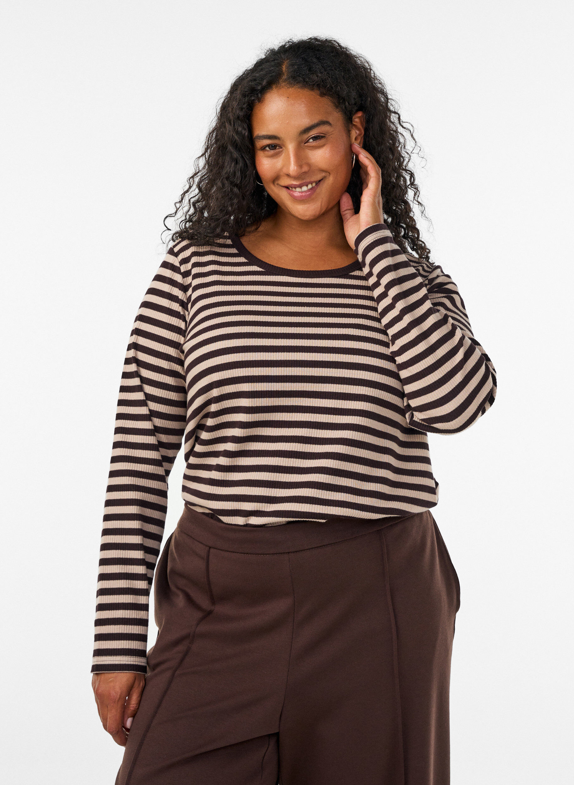 ZizziStripete bluse med lange ermer, Brun, Model image number 0