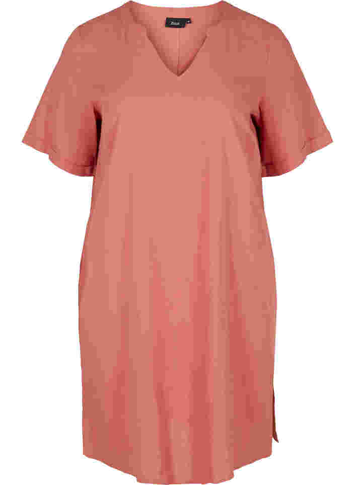 Kortermet kjole i bomullsmiks med lin, Canyon Rose, Packshot image number 0