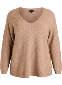 Strikkebluse med V-hals og raglanermer, Brun Strikkebluse med V-hals og raglanermer