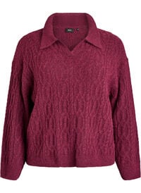 Kabelstrikket genser med polokrage, Mørk Bordeaux Kabelstrikket genser med polokrage