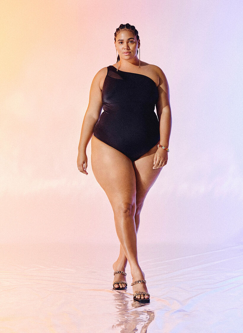 En-skulder badedrakt med meshdetaljer, Black, Image image number 0