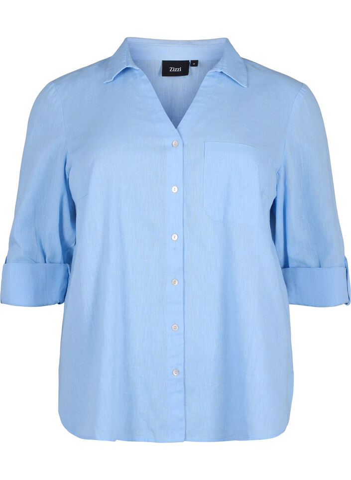 Skjortebluse med knappelukking i bomull-lin-blanding, Serenity, Packshot image number 0