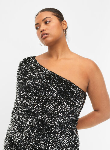 Kort one-shoulder-kjole med paljetter, Black/Silver Sequins, Model image number 2