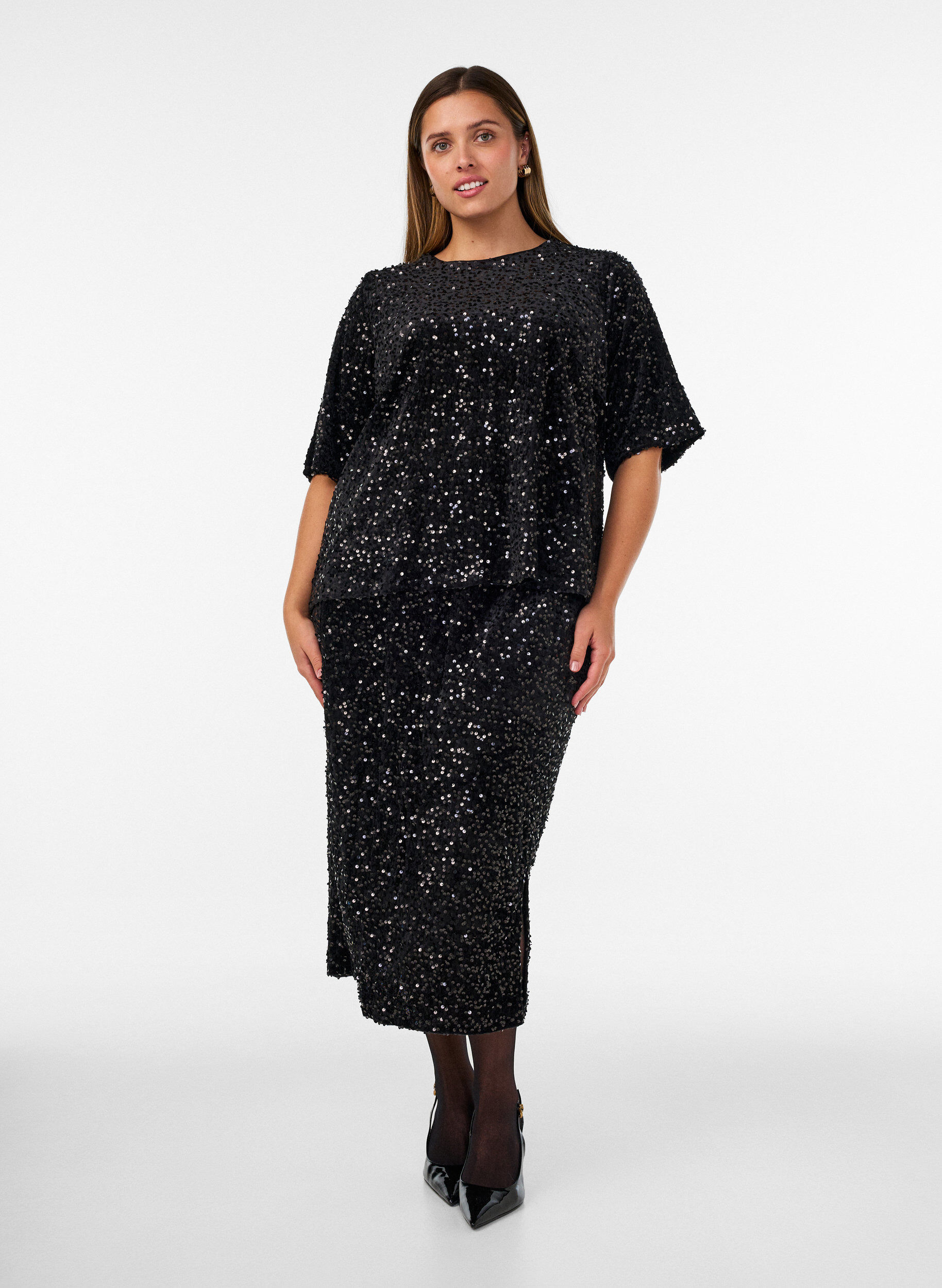 ZizziPaljettbluse med albuelange ermer, Svart, Model image number 1