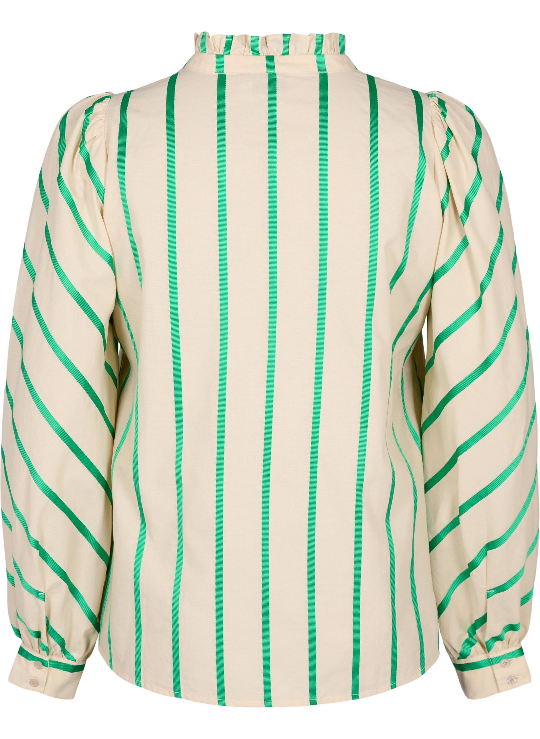 Zizzi Stripete skjortebluse i bomull med volangkrage, Beige Green Stripe, Packshot image number 1