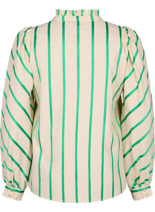 Stripete skjortebluse i bomull med volangkrage, Beige Green Stripe, Packshot image number 1