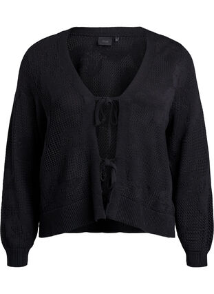 Zizzi Strikket cardigan med åpenstrikket mønster og knytesnorer, Black, Packshot image number 0