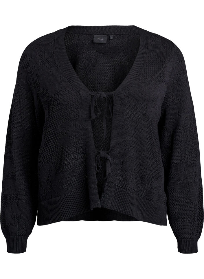 Strikket cardigan med åpenstrikket mønster og knytesnorer, Black, Packshot image number 0