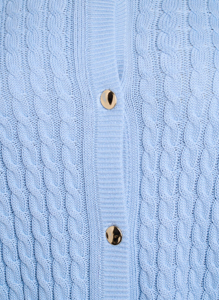 Flettestrikket cardigan med gullfargede knapper, Blå, Packshot image number 2