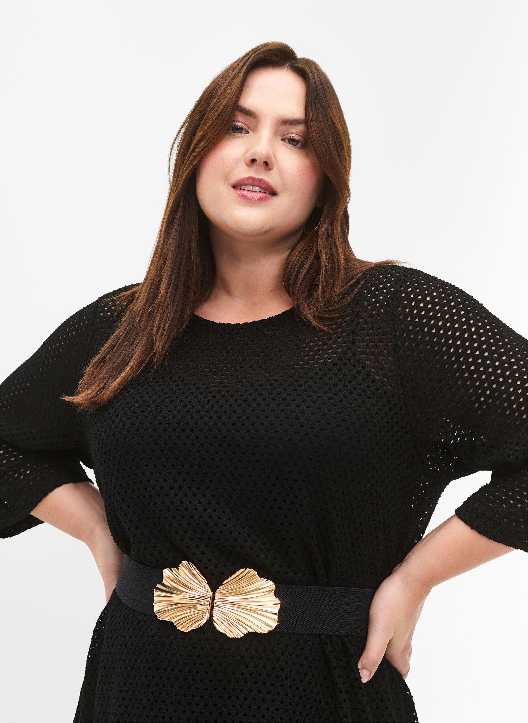 Zizzi Elastisk midjebelte med gullfarget spenne, Black, Model image number 0