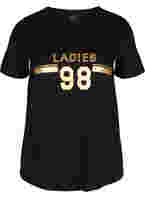 T-skjorte i bomull med mønster på brystet, Black LADIES 98