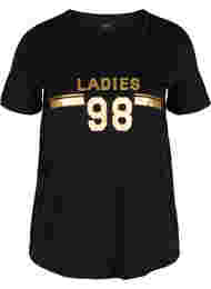 T-skjorte i bomull med mønster på brystet, Black LADIES 98