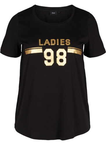 T-skjorte i bomull med mønster på brystet, Black LADIES 98, Packshot image number 0