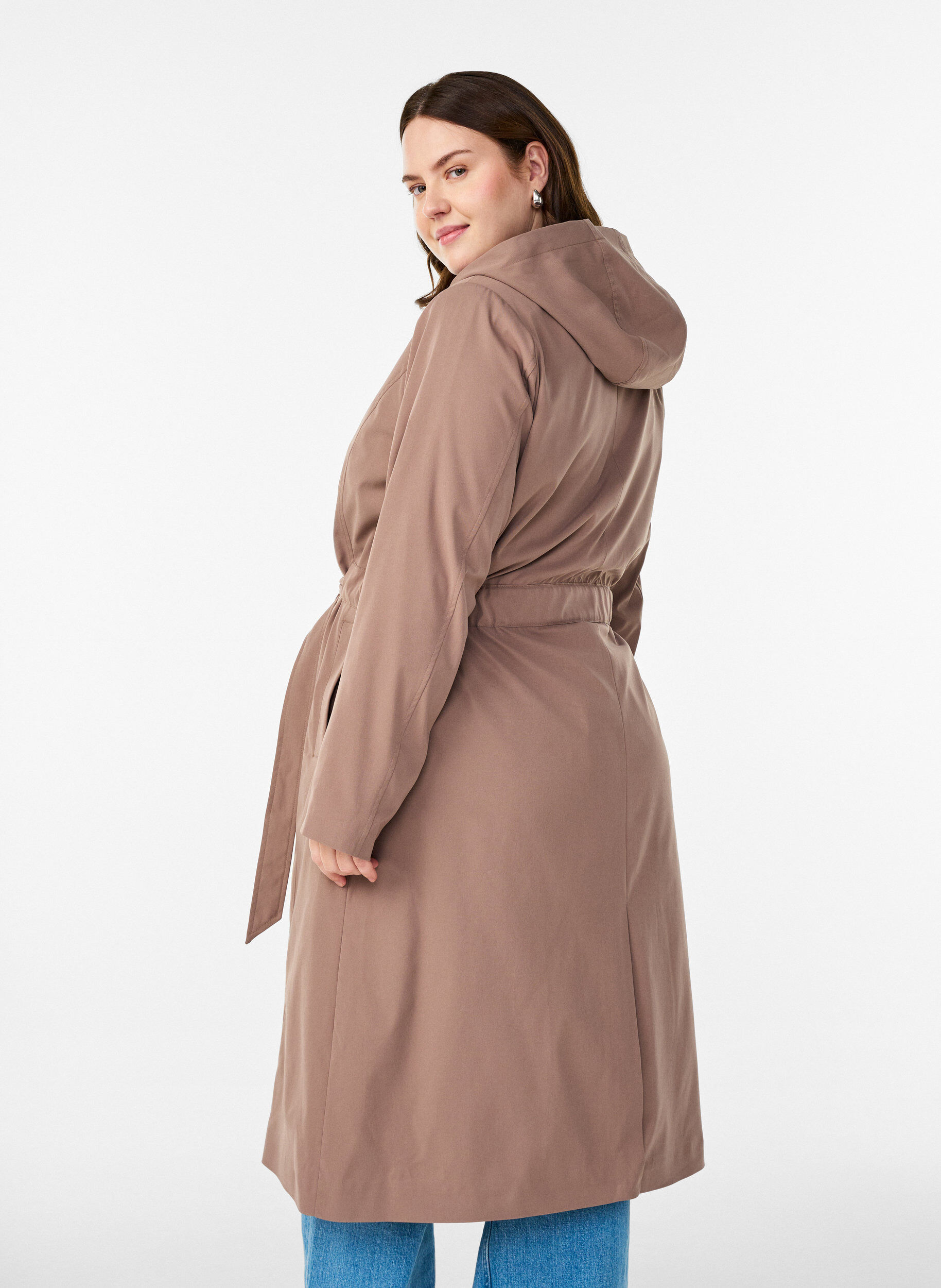 Zizzi Trenchcoat med hette og knytebelte, Brun, Model image number 2